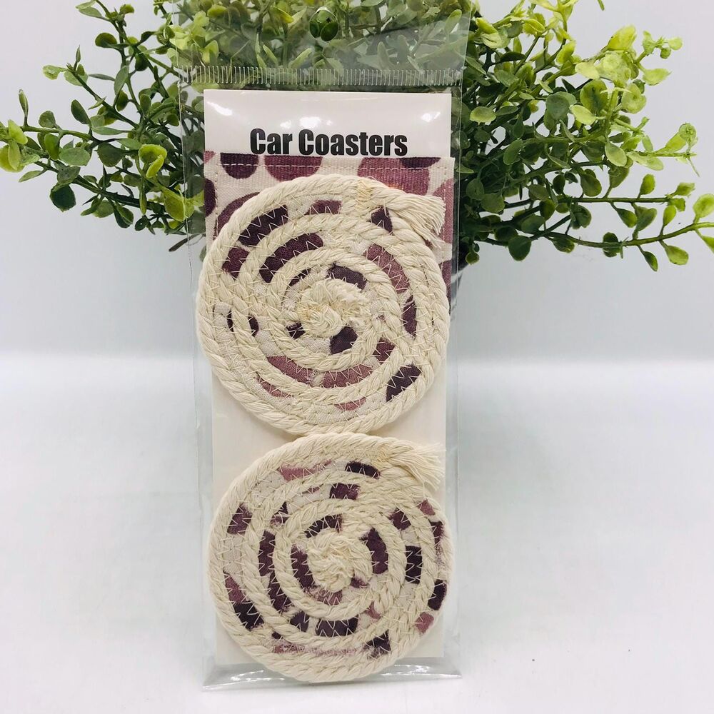 Rope Car Coasters Boho Purple Polka Dots One Set of 2 For Car Cup Holders